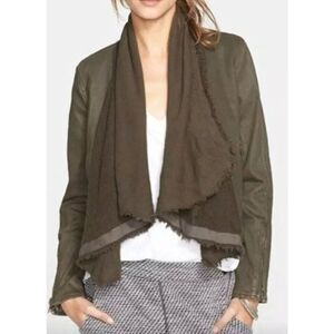 Women's Free People Denim Moto Jacket Olive Green Draped Front Size 4